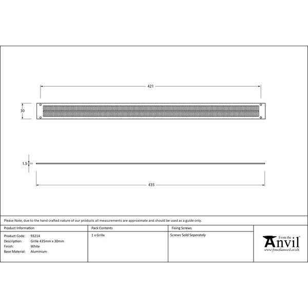 From The Anvil - White Grille 435mm x 30mm - White  - 93214