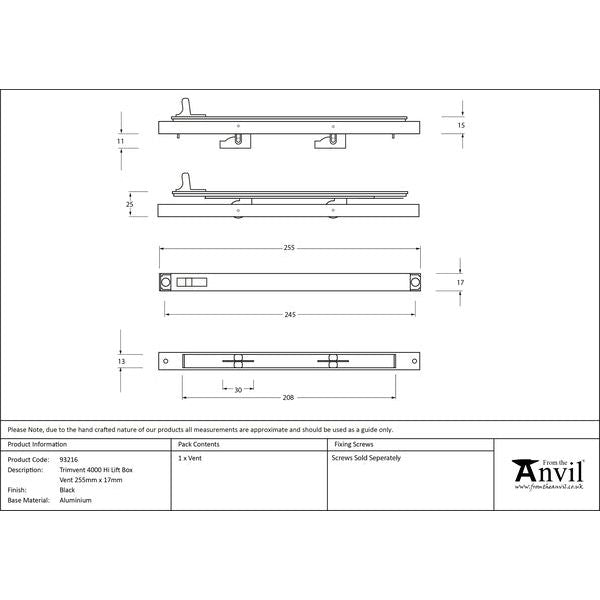 From The Anvil - Black Trimvent 4000 Hi Lift Box Vent 255mm x 17mm - Black  - 93216