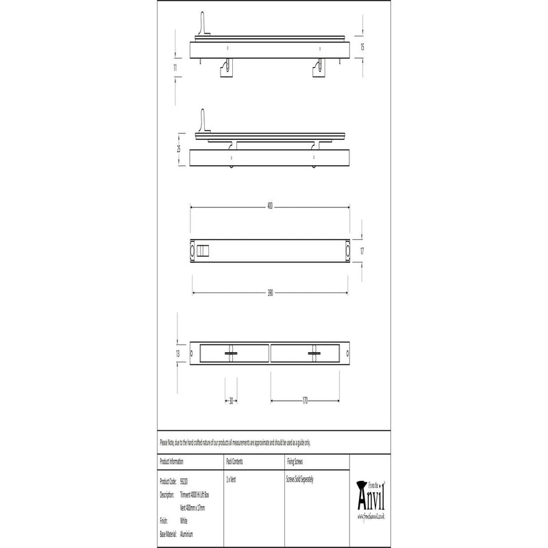 From The Anvil - White Trimvent 4000 Hi Lift Box Vent 400mm x 17mm - White  - 93220