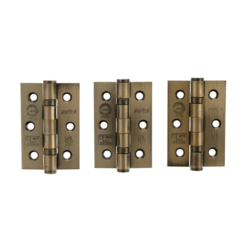 Atlantic CE Fire Rated Grade 7 Ball Bearing Hinges 3" x 2" x 2mm set of 3 - Antique Brass - A2H322AB(3)