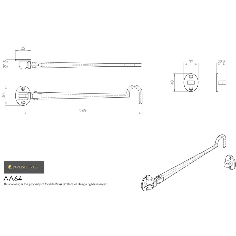 Carlisle Brass - Silent Pattern Cabin Hook 254mm - Polished Brass - AA64 - Choice Handles