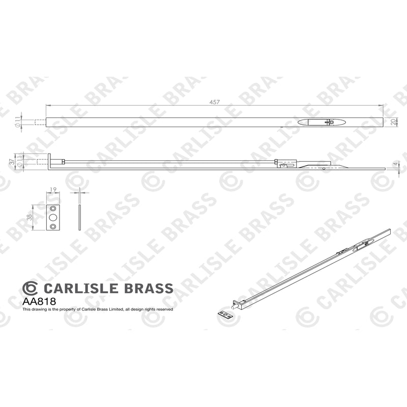 Carlisle Brass - Lever Action Flush Bolt 457mm - Satin Chrome - AA818SC - Choice Handles