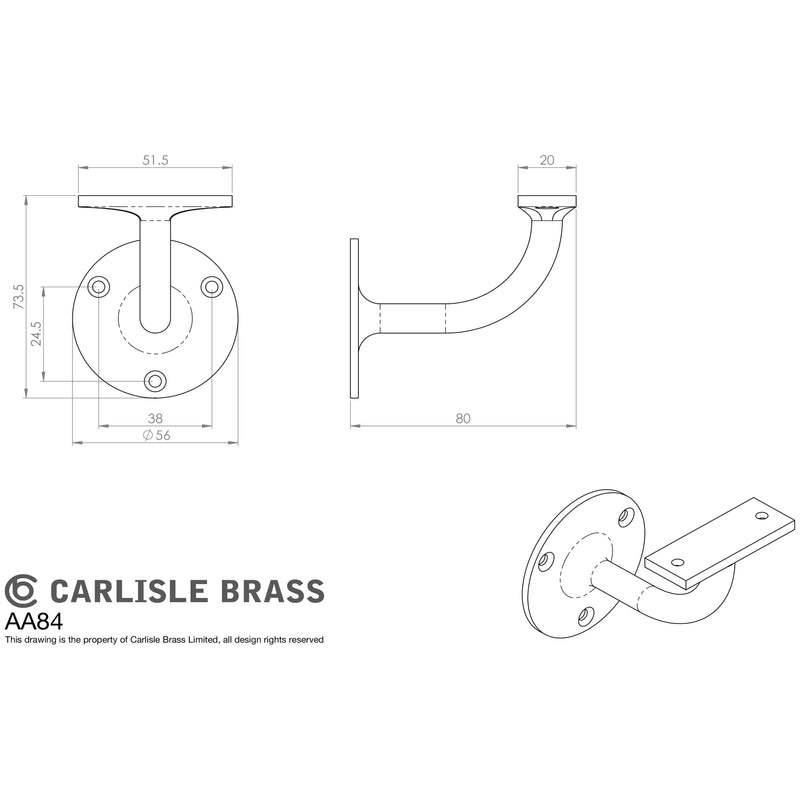 Carlisle Brass - Heavyweight Handrail Bracket 64mm - Satin Chrome - AA84SC - Choice Handles