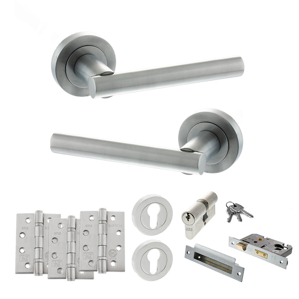 STATUS Nebraska Door Handle Pack (Euro Lock Set - 2.5" CE Sashlock, 4" Fire Rated Hinges x3) - Satin Chrome - ADPS28RSC22