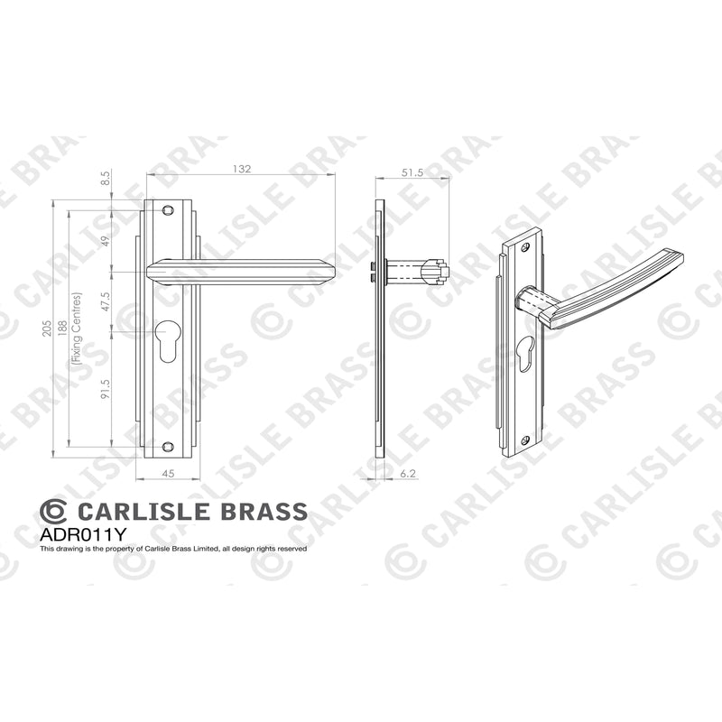 Carlisle Brass - Art Deco Lever on Euro Lock Backplate - Satin Nickel - ADR011YSN - Choice Handles