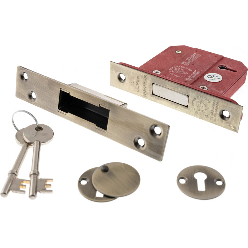 Atlantic 5 Lever Key Deadlock [BS] 3" - Antique Brass - ALKDEAD5LK3AB