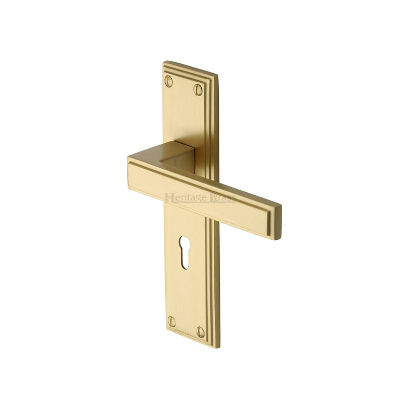 Heritage Brass Door Handle Lever Lock Atlantis Design Satin Brass finish - ATL5700-SB - Choice Handles