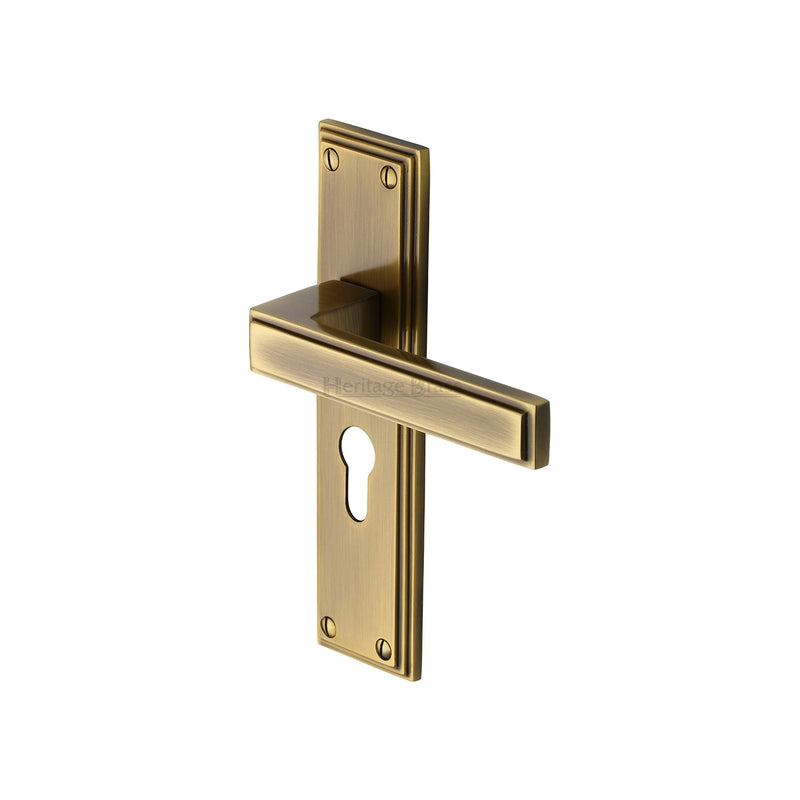 Heritage Brass Door Handle Euro Profile Atlantis Design Antique finish - ATL5748-AT - Choice Handles