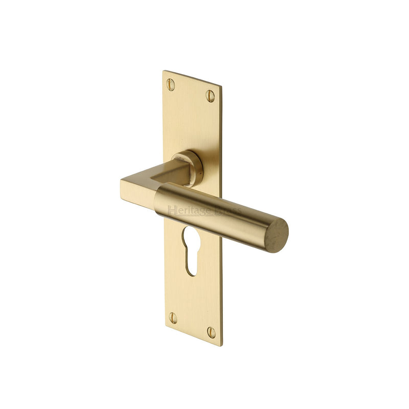 Heritage Brass Door Handle for Euro Profile Plate Bauhaus Design Satin Brass finish - BAU7348-SB - Choice Handles