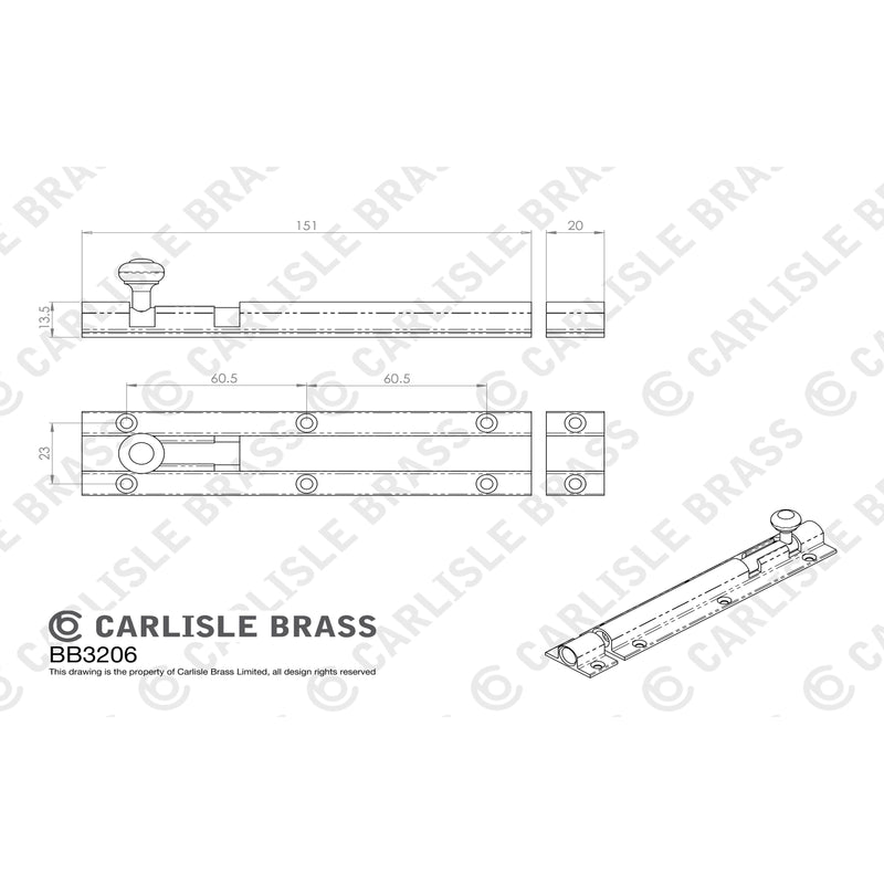 Carlisle Brass - Barrel Bolt 151mm - Satin Chrome - BB3206SC - Choice Handles