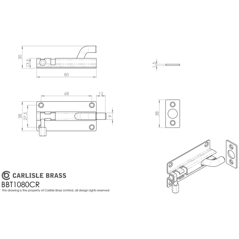 Eurospec - Cranked Barrel Bolt 80mm x 38mm - Bright Stainless Steel - BBT1080CR/BSS - Choice Handles