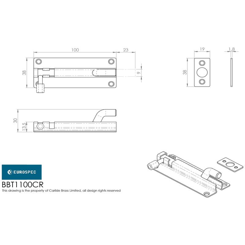 Eurospec - Cranked Barrel Bolt 100mm x 38mm - Bright Stainless Steel - BBT1100CR/BSS - Choice Handles