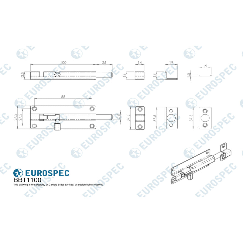 Eurospec - Straight Barrel Bolt 100mm x 38mm - Satin Stainless Steel - BBT1100SSS - Choice Handles