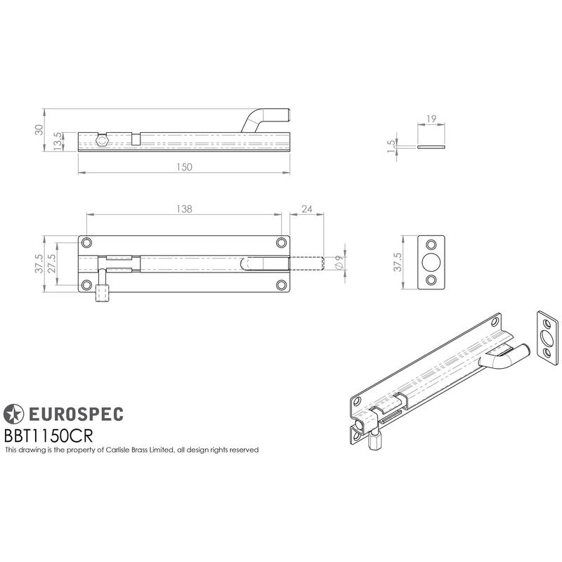 Eurospec - Cranked Barrel Bolt 150mm x 38mm - Bright Stainless Steel - BBT1150CR/BSS - Choice Handles