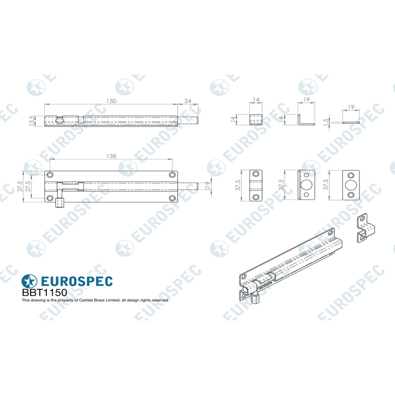 Eurospec - Straight Barrel Bolt 150mm x 38mm - Bright Stainless Steel - BBT1150BSS - Choice Handles