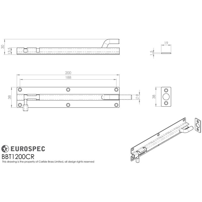 Eurospec - Cranked Barrel Bolt 200mm x 38mm - Satin Stainless Steel - BBT1200CR/SSS - Choice Handles