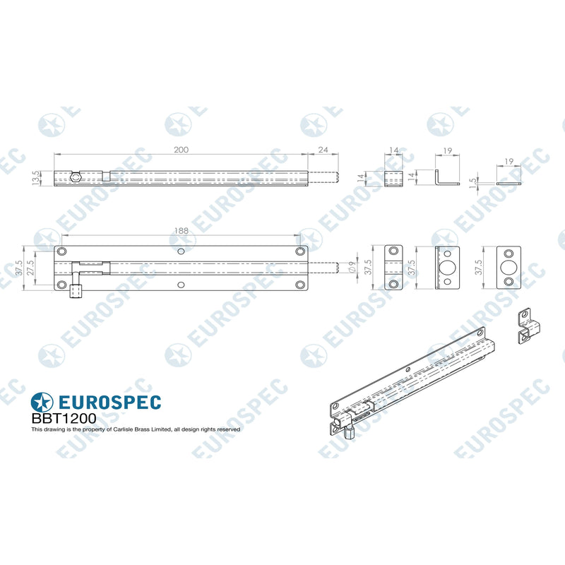 Eurospec - Straight Barrel Bolt 200mm x 38mm - Satin Stainless Steel - BBT1200SSS - Choice Handles