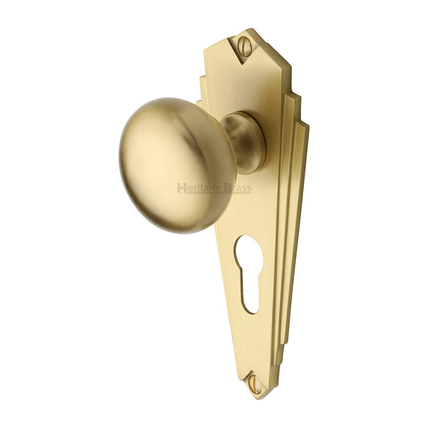 Heritage Brass Mortice Knob on Euro Profile Plate Broadway Design Satin Brass finish - BR1848-SB