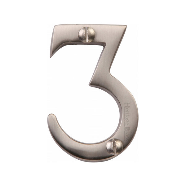 Heritage Brass Numeral 3 Face Fix 51mm (2") Satin Nickel finish - C1567 3-SN - Choice Handles