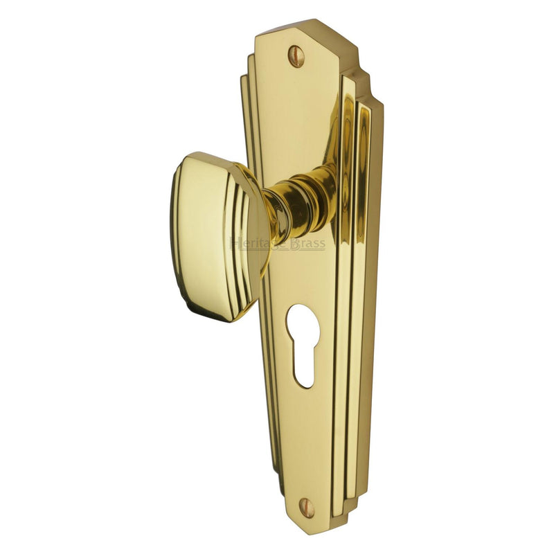 Heritage Brass Mortice Knob on Euro Profile Plate Charlston Design Polished Brass finish - CHA1948-PB