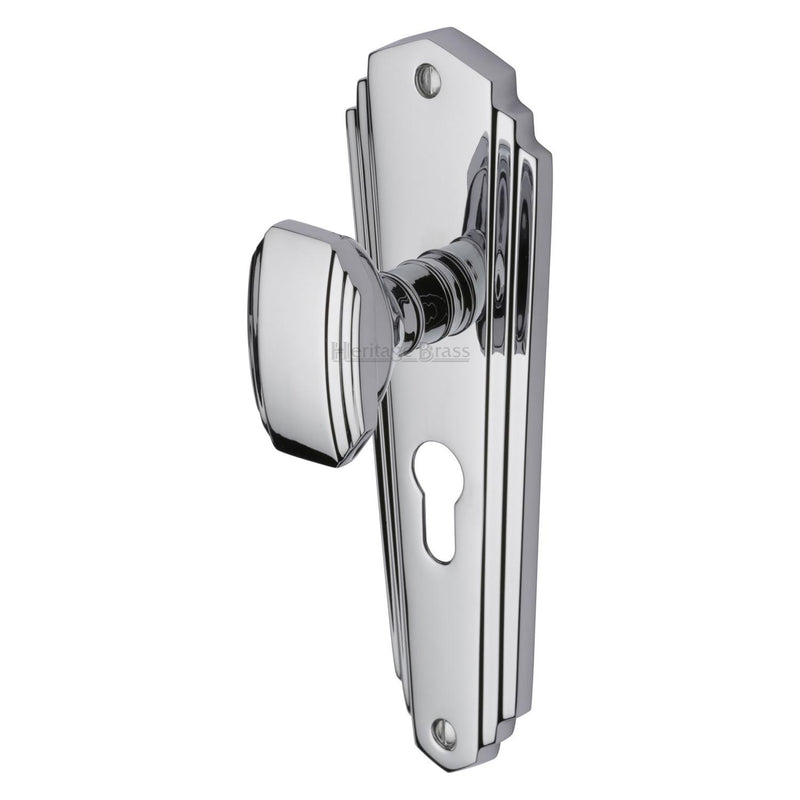 Heritage Brass Mortice Knob on Euro Profile Plate Charlston Design Polished Chrome finish - CHA1948-PC