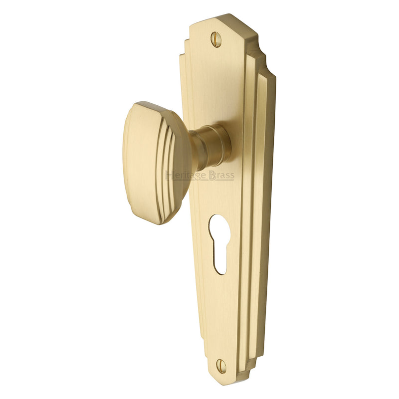 Heritage Brass Mortice Knob on Euro Profile Plate Charlston Design Satin Brass finish - CHA1948-SB