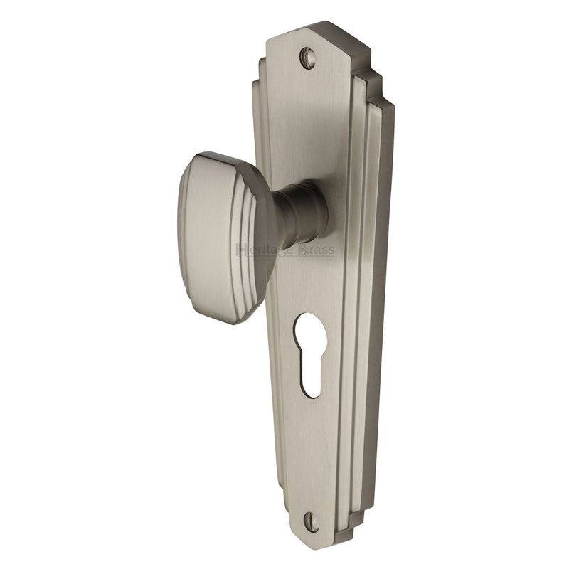 Heritage Brass Mortice Knob on Euro Profile Plate Charlston Design Satin Nickel finish - CHA1948-SN