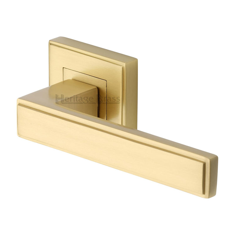 Heritage Brass Door Handle Lever Latch on Square Rose Linear Sq Design Satin Brass finish - DEC5430-SB - Choice Handles