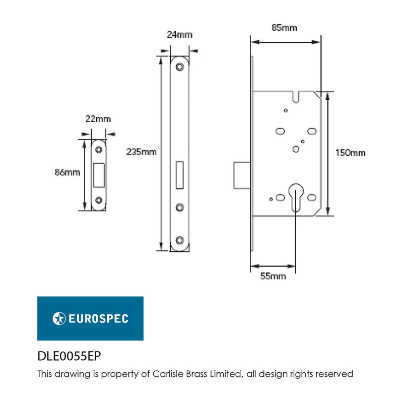 Eurospec - Euro Profile Deadlock, 55mm Backset  - Satin Stainless Steel - DLE0055EPSSS - Choice Handles