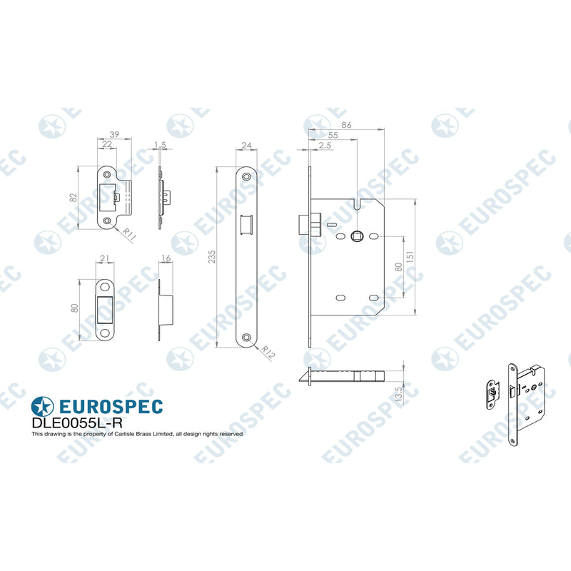 Eurospec - Din Latch Radius, 55mm Backset  - Satin Stainless Steel DLE0055LSSS/R - Choice Handles