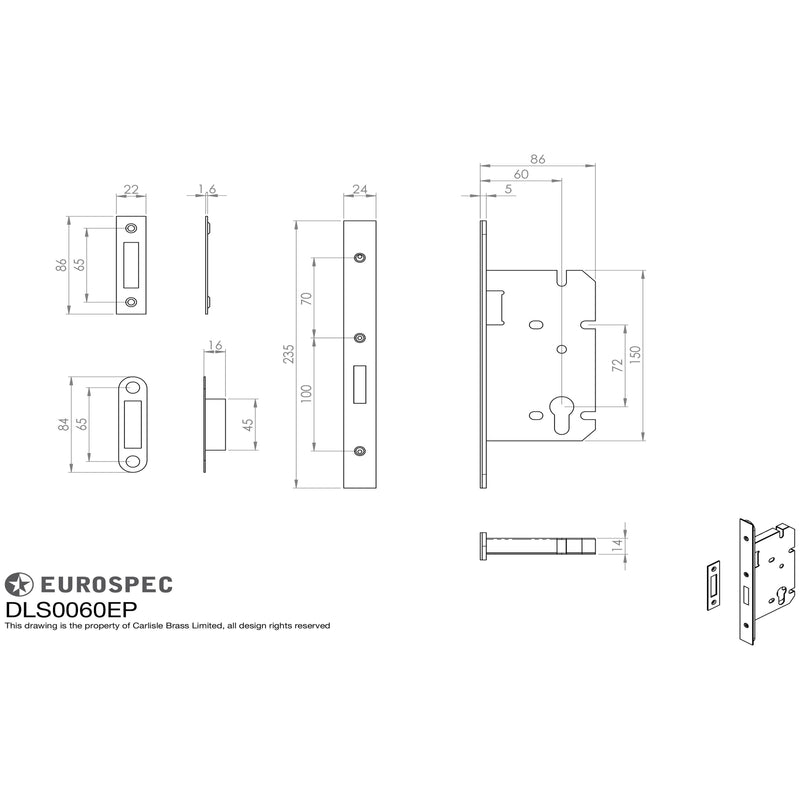 Eurospec - Easi T Din Euro Profile Deadlock, 60mm Backset  - Satin Stainless Steel DLS0060EPSSS - Choice Handles