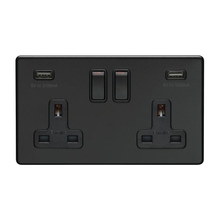 Eurolite Concealed 3mm 2 Gang Usb Socket - Matt Black - ECMB2USBB - Choice Handles