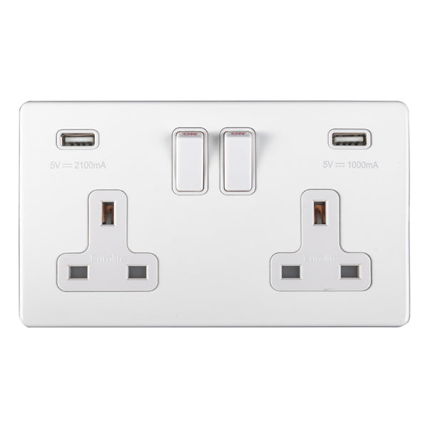 Eurolite Concealed 3mm 2 Gang Usb Socket - Matt White - ECW2USBW - Choice Handles