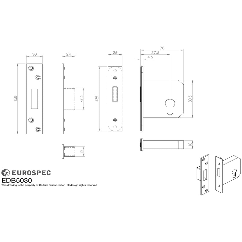 Eurospec - Euro Profile BS Cylinder Deadlock 64mm - Satin Stainless Steel - EDB5025/CT/SSS - Choice Handles