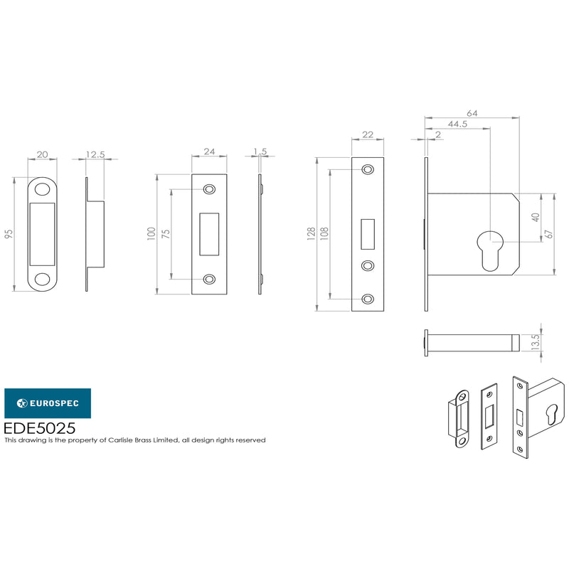 Eurospec - Easi-T Economy Euro Profile Deadlock 64mm - Satin Nickel - EDE5025SN - Choice Handles