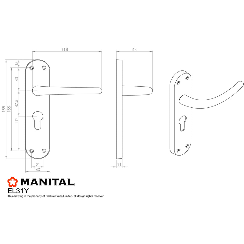 Manital - Lilla Lever on Euro Lock Backplate - Satin Chrome - EL31YSC - Choice Handles