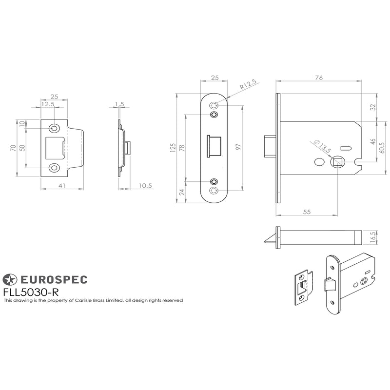 Eurospec - Easi-T Flat Latch 76mm Radius - Satin Stainless Steel - FLL5030SSS/R