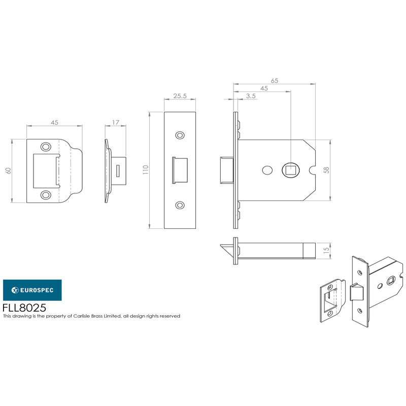 Eurospec - Flat Latch 64mm - Satin Chrome Plated - FLL8025SCP