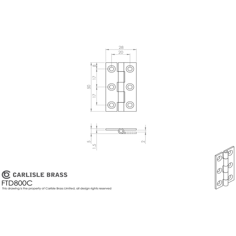 Carlisle Brass - Cabinet Hinge 50mm - Polished Brass - FTD800C - Choice Handles