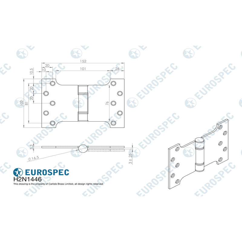 Eurospec - Enduromax Grade 13 Parliament Hinge 102 x 152 x 3.5mm - Satin Stainless Steel - H2N1446SSS - Choice Handles