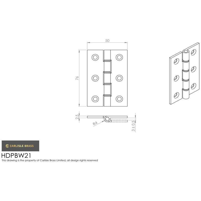 Carlisle Brass - 76mm x 50mm x 2.5mm -Double Phosphor Bronze Washered Butt Hinge - Polished Nickel - HDPBW21PN - (Pair) - Choice Handles