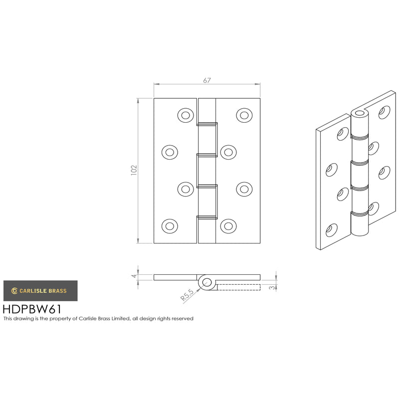 Carlisle Brass - 102mm x 67mm x 4mm - Double Phosphor Bronze Washered Butt Hinge - Satin Brass - HDPBW61SB - (Pair) - Choice Handles