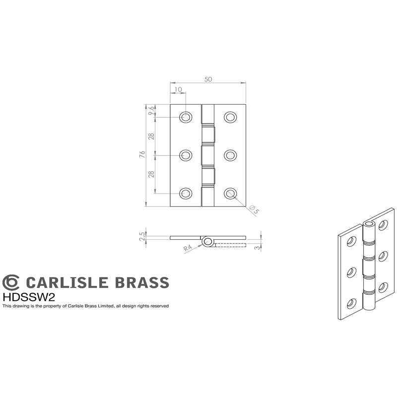 Carlisle Brass - 76mm Double Stainless Steel Washered Brass Butt Hinge - Polished Chrome - HDSSW2CP - (Pair) - Choice Handles