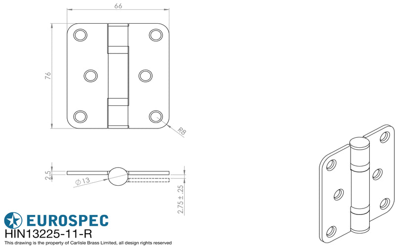 Eurospec - 76 X 67 X 2.5mm Ball Bearing Hinge Grade 11 C/W Screws - Radius (Pair) - Bright Stainless Steel - HIN13225/11BSS/R