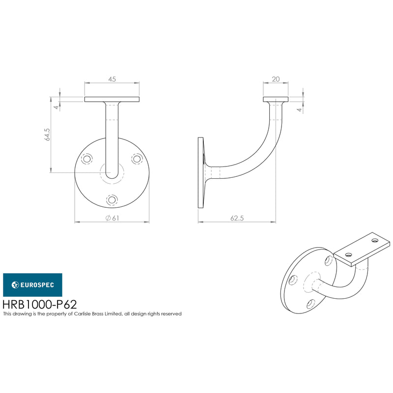 Eurospec - Handrail Bracket 62mm - Satin Stainless Steel - HRB1000SSS/P62 - Choice Handles