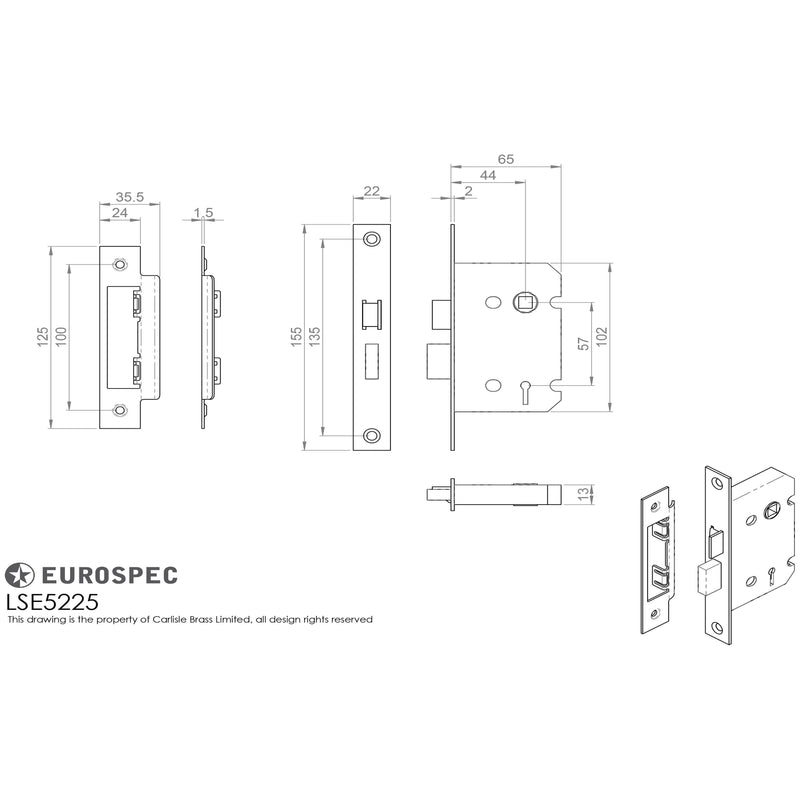 Eurospec - Contract 2 Lever Sashlock Rebated 64mm - Satin Nickel - LSE5225SN/REB - Choice Handles