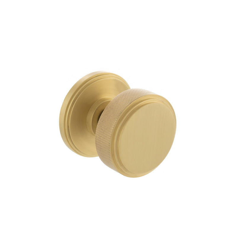 Millhouse Brass Harrison Solid Brass Knurled Mortice Door Knob on Concealed Fix Rose - Satin Brass - MH450KSMKSBSOLID