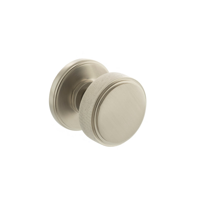 Millhouse Brass Harrison Solid Brass Knurled Mortice Door Knob on Concealed Fix Rose - Satin Nickel - MH450KSMKSNSOLID