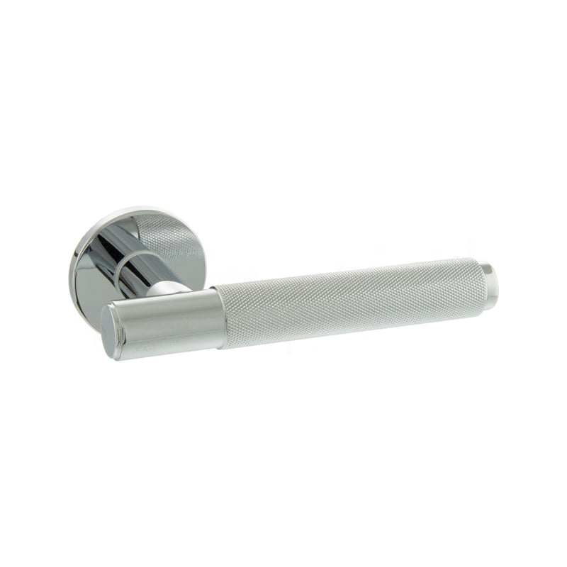 Millhouse Brass Crompton Knurled Lever Door Handle on 5mm Slimline Round Rose - Polished Chrome - MHSR100PC