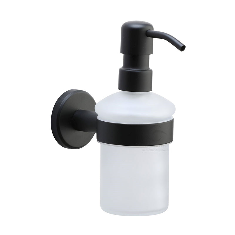 Oxford Soap Dispenser. Wall Mounted with Frosted Glass and high quality STS pump. Black finish - OXF-SOAP-BLK